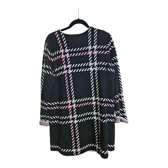 TALBOTS Knit Long Sweater Cardigan Topper Black White & Pink - Large Petite - Picture 2 of 8